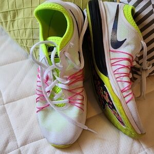 Nike White and Neon Flyknit Running Shoes Size 8